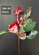 Crenguță artificială de Crăciun cu măr roșu, con și bobițe ninse, 22 cm, set 10 bucăți